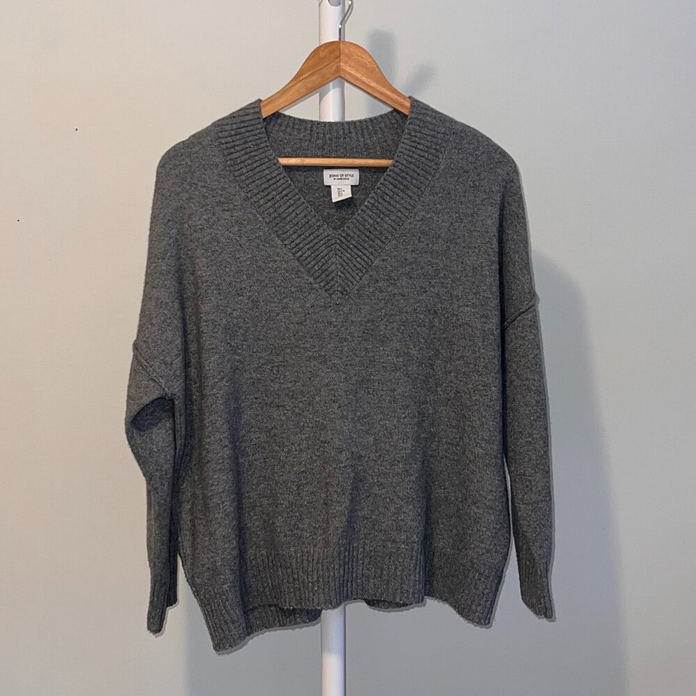 Grey Oversized V-Neck Sweater